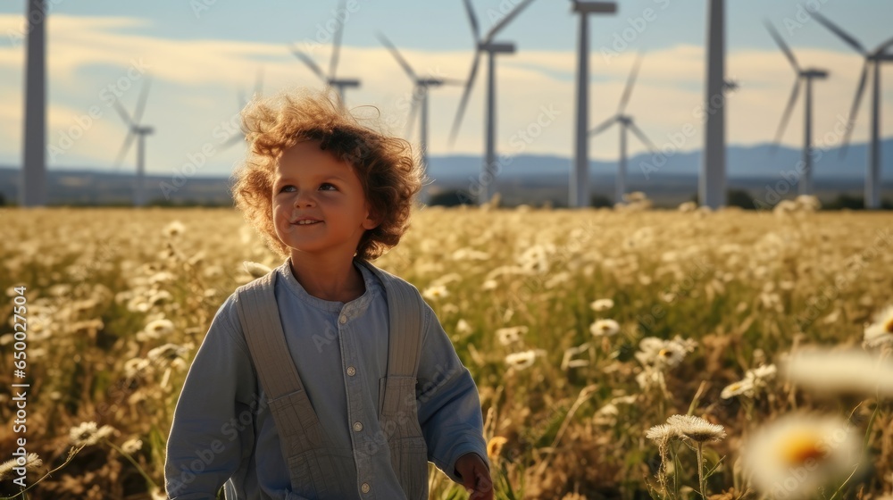 Boy enjoying in wind farm at countryside.