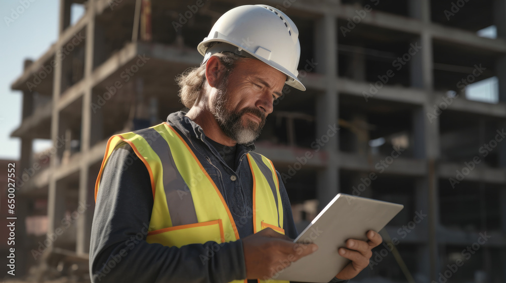 Engineer using a tablet to record progress data of a project in at construction site. Engineer using a tablet to record progress data of a project in at construction site.