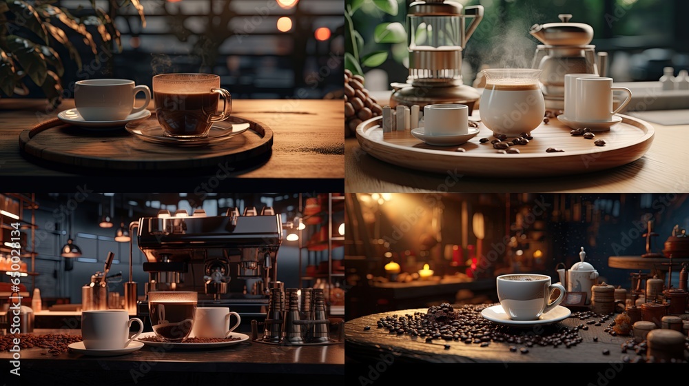  a collage of photos of coffee cups and saucers.  generative ai