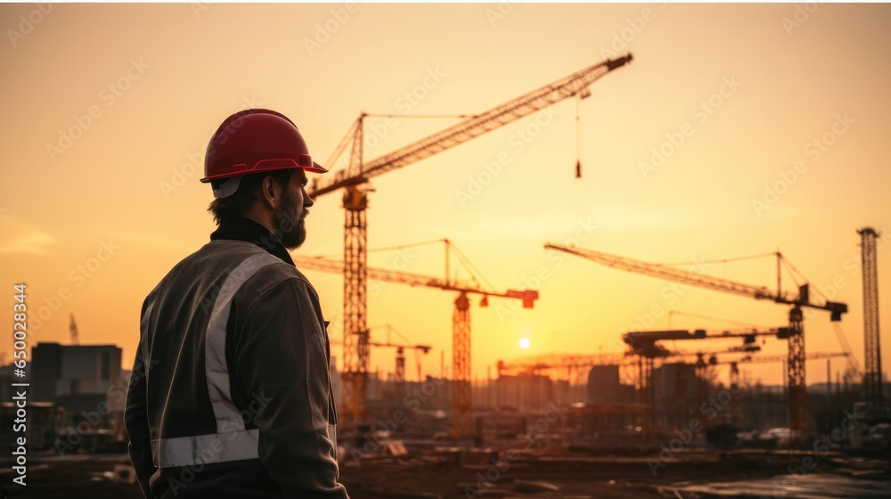 Engineer working at construction site with crane background at sunset. Engineer working at construction site with crane background at sunset.