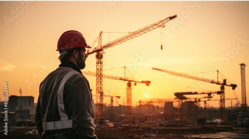 Engineer working at construction site with crane background at sunset.