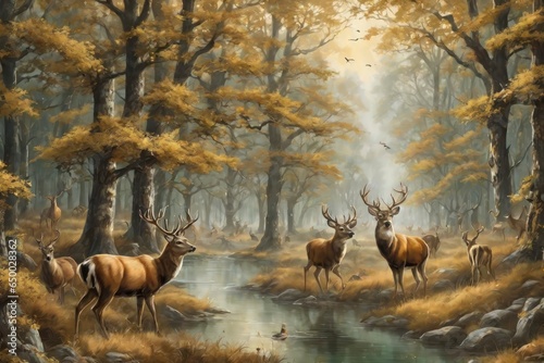 Craft a stunning interior mural wallpaper with a forest landscape featuring dark green and golden trees, along with deer and bird wildlife illustrations