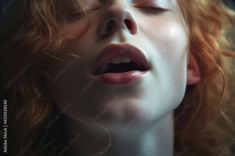 Sex, feelings, love concept. Close-up of sensual caucasian sexy woman with closed eyes and open female mouth Sex, feelings, love concept. Close-up of sensual caucasian sexy woman with closed eyes and open female mouth