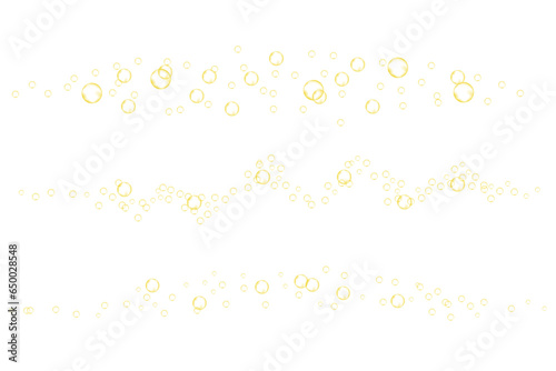 Golden fizzy bubbles of carbonated drink, soda, beer, champagne or wine. Yellow effervescent gas flow. Vector realistic texture