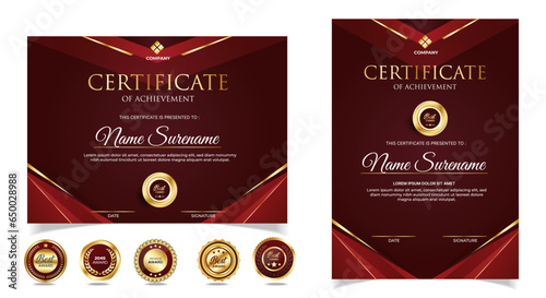 Red and gold certificate of appreciation border template with luxury badges. vector