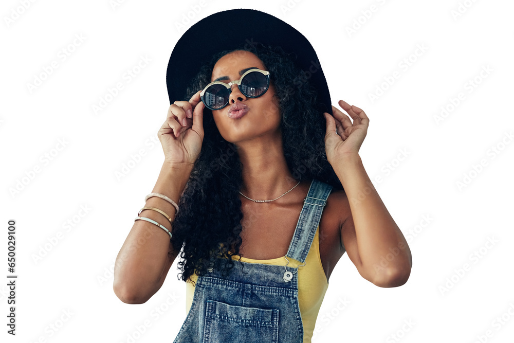 © Bharat/peopleimages.com - Summer, fashion and kiss, woman isolated on transparent png background in sunglasses and hat for portrait. Travel, holiday and happy gen z girl in eyewear, designer clothes and luxury vacation style. © Bharat/peopleimages.com - Summer, fashion and kiss, woman isolated on transparent png background in sunglasses and hat for portrait. Travel, holiday and happy gen z girl in eyewear, designer clothes and luxury vacation style.