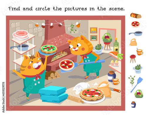 Find and circle hidden objects. Educational game for children. Cute pizzaiolo cats with pizza on shovel. Cartoon funny characters. Food and professions. Vector illustration for children. 