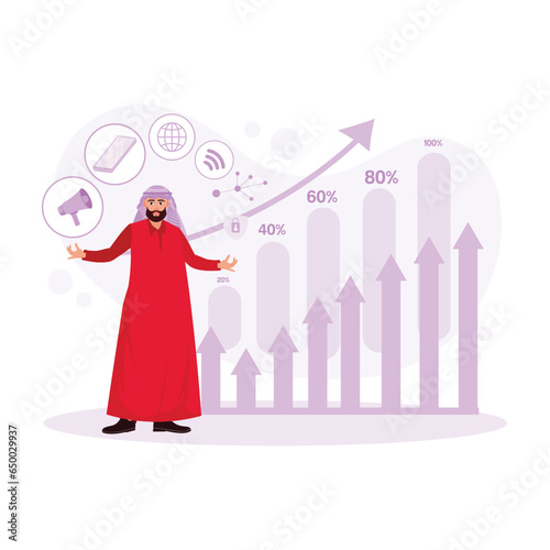 Arab business executive introduces new software product on the conference stage, providing motivation. Introduce An Idea concept. Trend Modern vector flat illustration