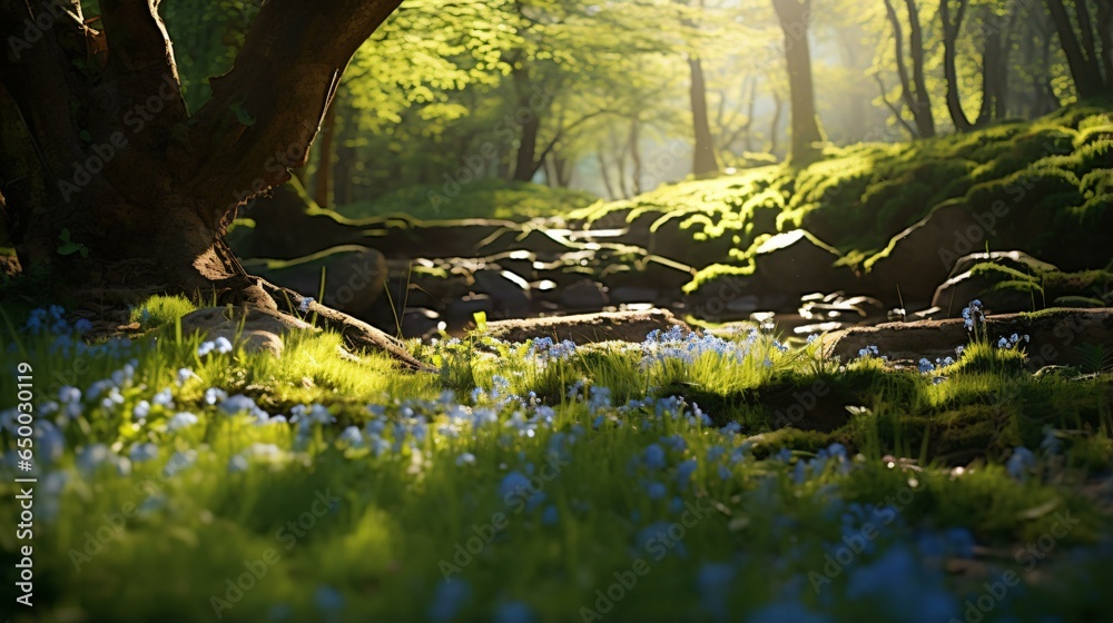 A lush green forest with blooming flowers