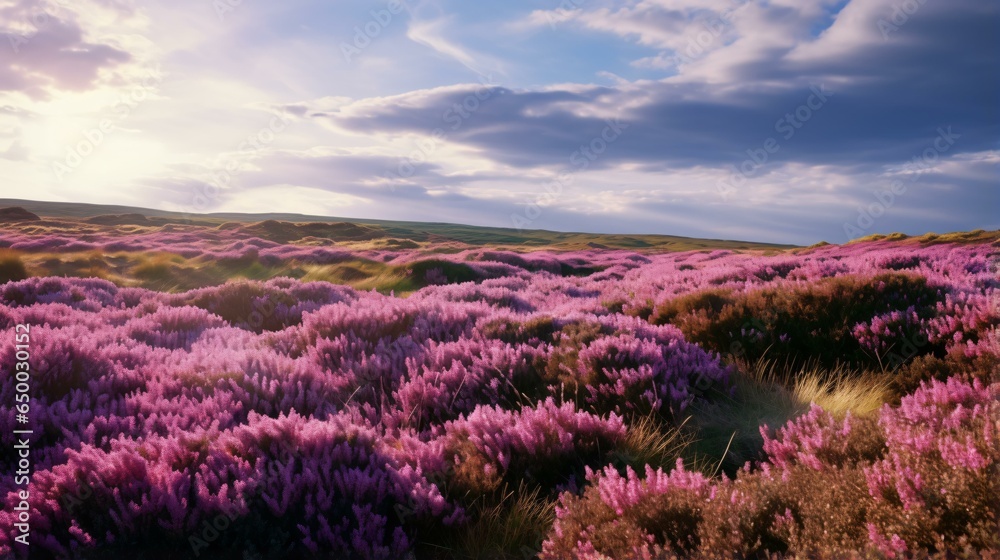 A vibrant field of purple flowers under a dramatic cloudy sky A vibrant field of purple flowers under a dramatic cloudy sky