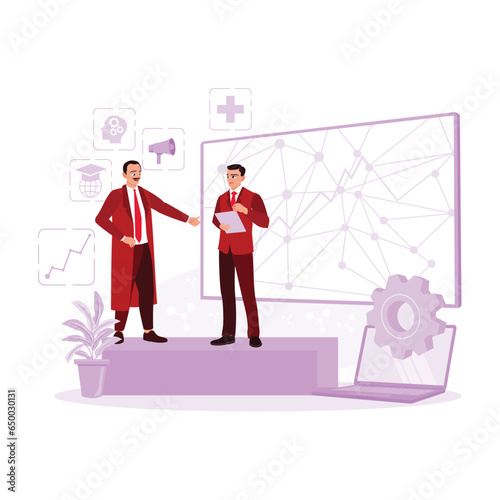 The CEO introduces the Chief Software Engineer, who presents the new product on stage. Providing motivation and technology science. Introduce An Idea concept. Trend Modern vector flat illustration