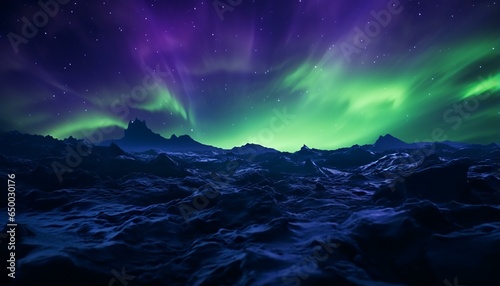 The vibrant colors of the night sky illuminated by green and purple lights © KWY