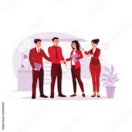 Business people smile, shake hands and get to know each other at a meeting after making a deal. Introduce An Idea concept. Trend Modern vector flat illustration