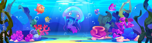 Jellyfish underwater with seaweed vector illustration. Aquarium flora and life with sponge, rock and sand. Jelly fish character swimming in deep ocean cartoon background. Abstract seafloor nature