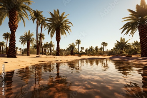 Palm trees and a serene body of water in a stunning computer-generated image