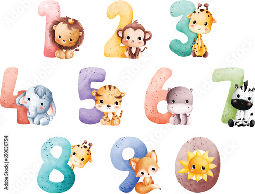 Photography Watercolor Illustration set of numbers with cute animals