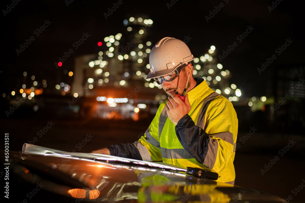 Fototapeta premium Engineers wear uniform and helmet stand in front of the car hand holding blueprint paper, survey inspection work plant site use radio communication to work with night lights oil refinery background.
