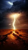 A powerful lightning bolt illuminating a vast desert landscape