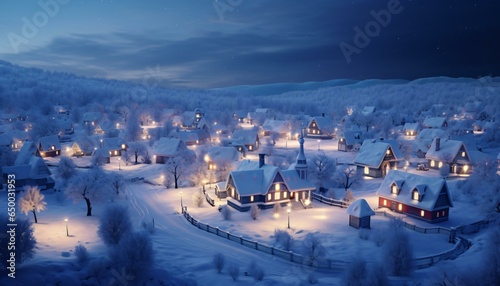 A picturesque snowy village illuminated at night