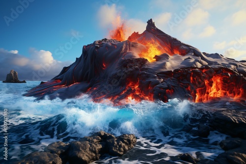A volcano erupting with flowing lava