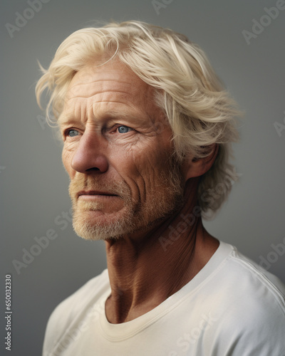portrait of a mid aged man with blond hair, wrinkles and  a unshaved face with a white Shirt