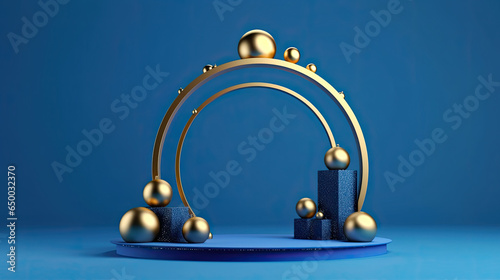 3D Render of Blue Podium with Exquisite Christmas Tree Decorations, AI Generated