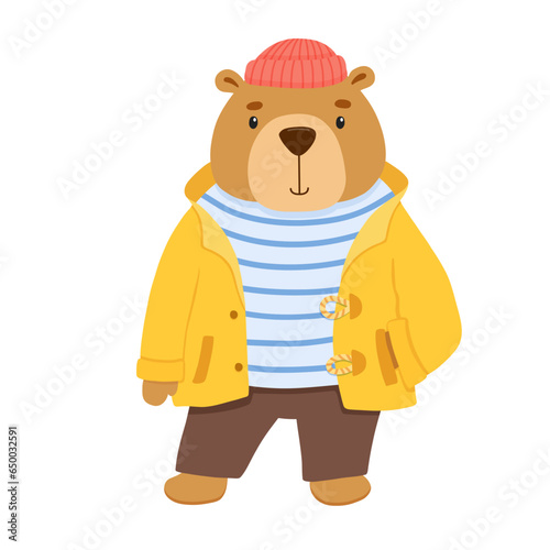 Cute sailor bear dressed in vest, hat and yellow fishing jacket. Funny vector illustration of child character isolated on white background