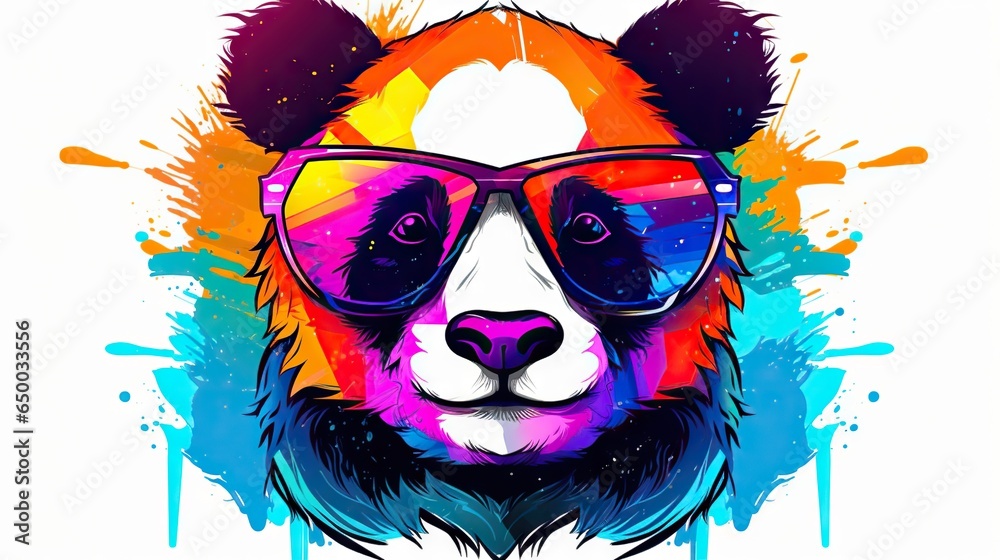  a colorful panda bear wearing sunglasses and a tie dye background.  generative ai