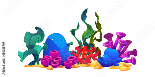 Set of colorful seaweeds for seabed design isolated on white background. Vector cartoon illustration of coral reef, exotic plants growing on sand, underwater flora species, aquarium design elements
