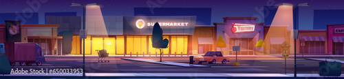 Night supermarket and autos on parking lot. Vector cartoon illustration of illuminated large shopping mall building with cafe and grocery shop entrances, car and truck in dark street, starry sky
