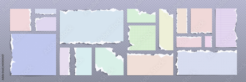 Strips and pieces of torn colored paper - clean, squared, lined and dotted scrap with broken and ripped edges. Realistic vector illustration set of cut square and rectangular notepad page fragments.