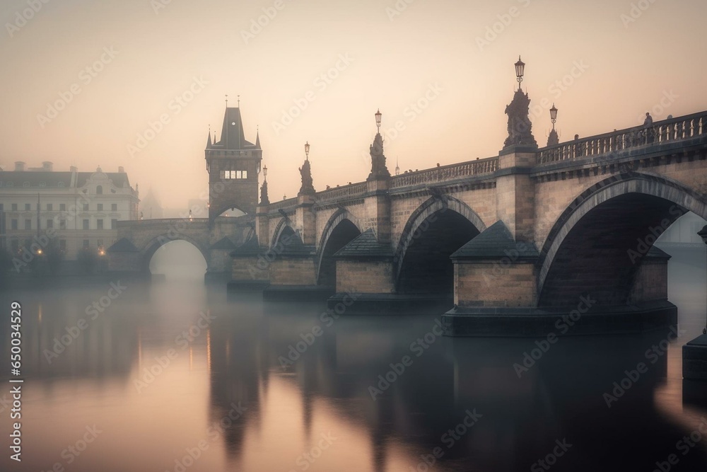 Foggy morning on famous bridge in Prague. Generative AI