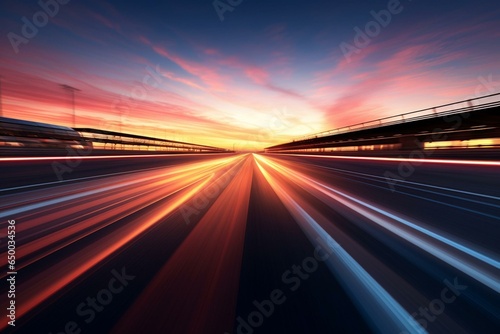 Motion-blurred sunrise over an international race track with a starting or end line  recombined digitally as a background. Generative AI