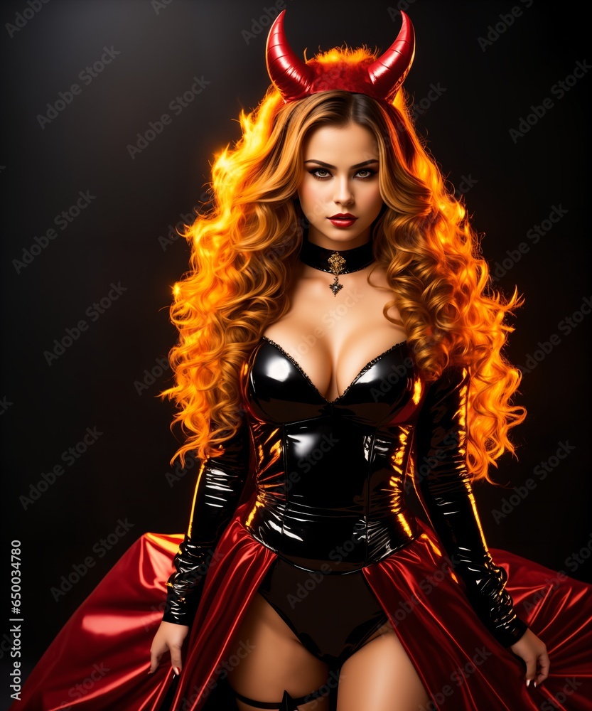 beautiful woman in halloween devil costume with horns