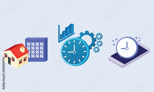 Flexible and hybrid working hours concept illustrations set. Collections of part and full time job positions or freelance at home.on blue background.isometric Vector Design