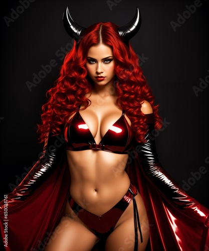 beautiful red hair woman in halloween devil costume with horns