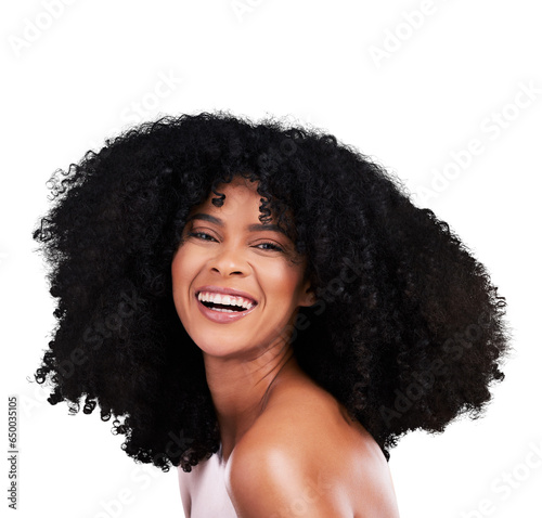 Portrait, beauty and young black woman with natural, cosmetic and selfcare for curly hairstyle. Glow, clean and happy African female model with afro treatment isolated by transparent png background. © Bharat/peopleimages.com