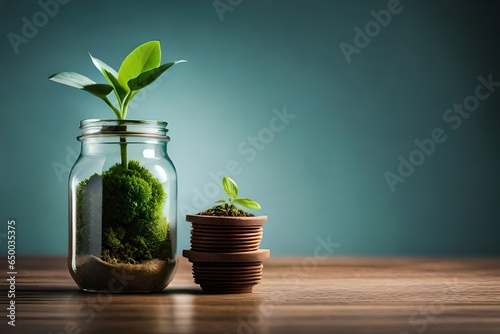 A plant in a glass jar with a green plant growing out of it with solid color background
