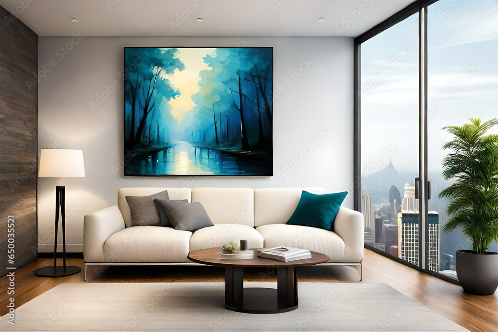 Tufted armchair and coffee table with a lamp near a wall. The interior design of a modern living room Tufted armchair and coffee table with a lamp near a wall. The interior design of a modern living room