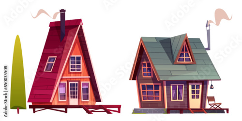 Forest wooden cabin house isolated cartoon vector set. Summer wood hut building on white background. Fantasy shack home icon for village. Rustic cottage drawing with porch, lodge, roof and door