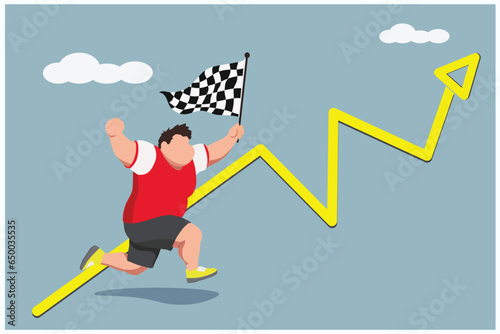 successful sport businessman, chubby body cartoon,  hold a winner runner flag, victory, achievement ,business, success concept art, minimal vector flat design