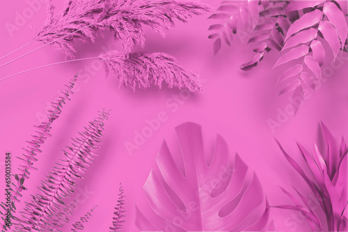 Collection of tropical leaves,foliage plant in Pink color with space background