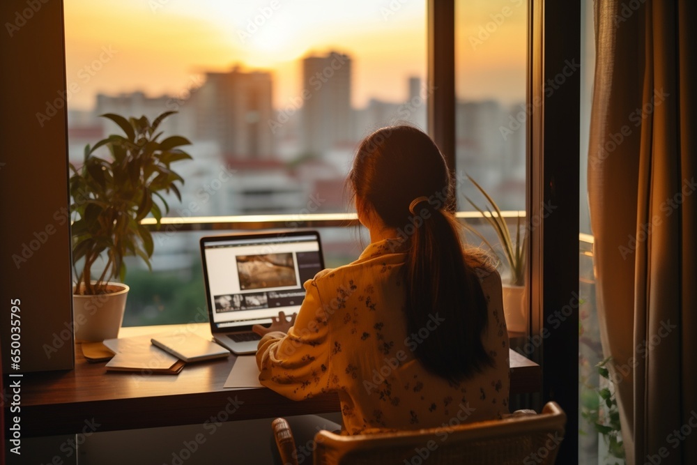 Fototapeta premium Asian woman working on laptop in the morning at home. Working from home concept.