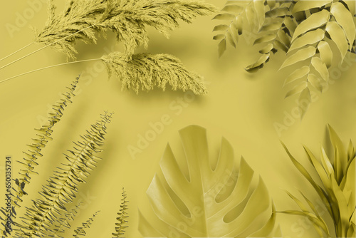 Collection of tropical leaves,foliage plant in Yellow color with space background