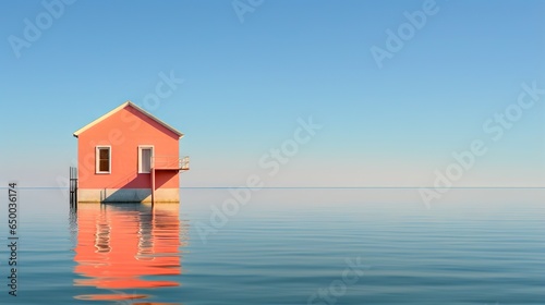  a house floating on top of a body of water with a sky background.  generative ai