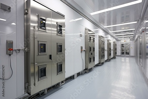 Refrigeration chamber with control panels and counters for food storage and freezing equipment sales. Generative AI