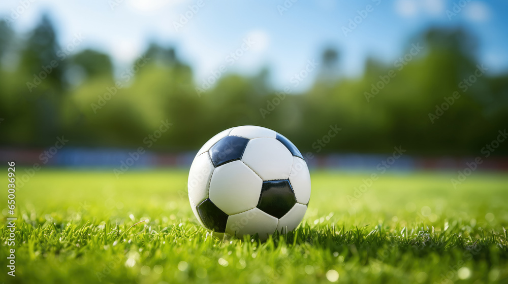 Obraz premium Close up of soccer ball or football on grass with stadium background