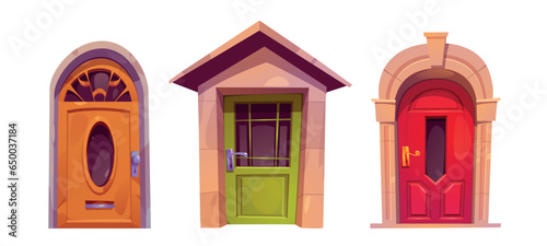 Set of colorful front doors isolated on white background. Vector cartoon illustration of brown, green, red wooden doors with golden doorknobs, glass windows, mail slot, building design elements