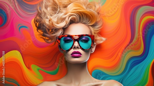 Portrait of a blonde young girl or a fashionable, stylish and trendy woman in blue glasses on bright colorful paint background with good skin care