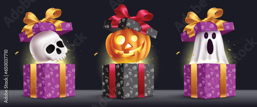 Halloween gifts set vector design. Halloween gift boxes with skull, pumpkin and ghost characters for holiday season surprise elements collection. Vector illustration halloween gifts collection.
